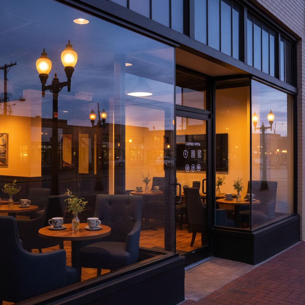 The exterior of Coffee with Virginia in downtown Chickasha, captured in photographic realism at blue hour. A tasteful glass storefront with dark metal framing reveals a warmly lit interior. Through the window, silhouettes of cushioned chairs and small round tables appear, each holding stylish ceramic cups and small vases with greenery. On the glass door, there are elegant icon-like symbols suggesting opening hours, a menu, and contact details, all non-readable yet clearly organized. Discrete icons for social platforms appear as simple shapes near the entrance. Street lamps cast a soft glow on the sidewalk, and reflections shimmer on the window. Shot at a slightly angled street-level perspective, the mood feels inviting, sophisticated, and community-focused.