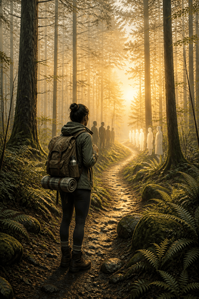 Ginny stands on a single forest path, with loved ones beside one side of the trail and doctors in white on the opposite side.